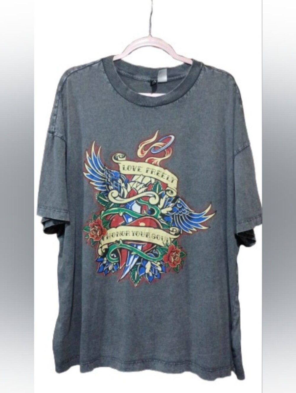 Divided Gray Short-Sleeve Tee with Colorful Tattoo Graphic